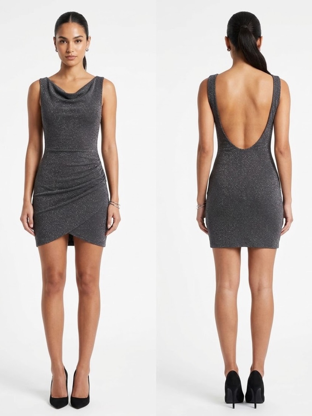 Bershka Metallic Grey Cowl Neck Backless Mini Dress
